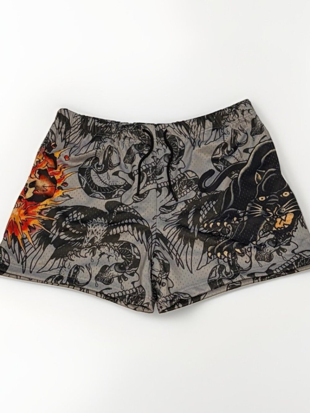 Ed Hardy Men’s Athletic Mesh Shorts Size L Gray Black Orange Graphic Drawstring